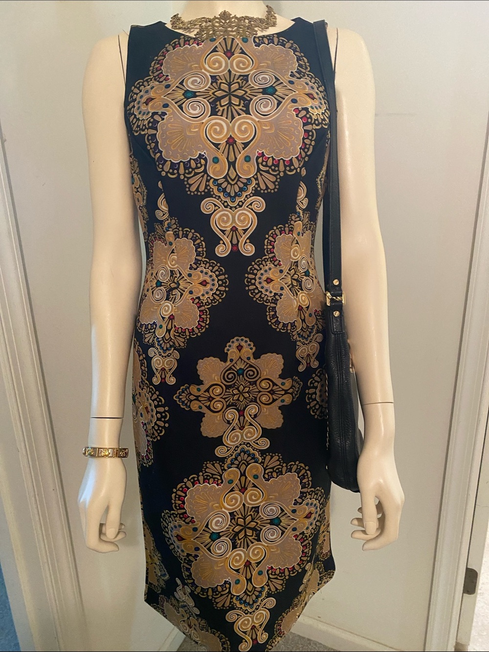 New York & Company Black Dress with Gold Medallion Print